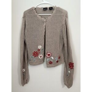 Crossing Pointe‎ VTG 100% Linen Brown Ribbon Embroidered Cardigan Sz M Cottage